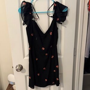 Reformation Floral Black Dress with Ruffle Sleeves